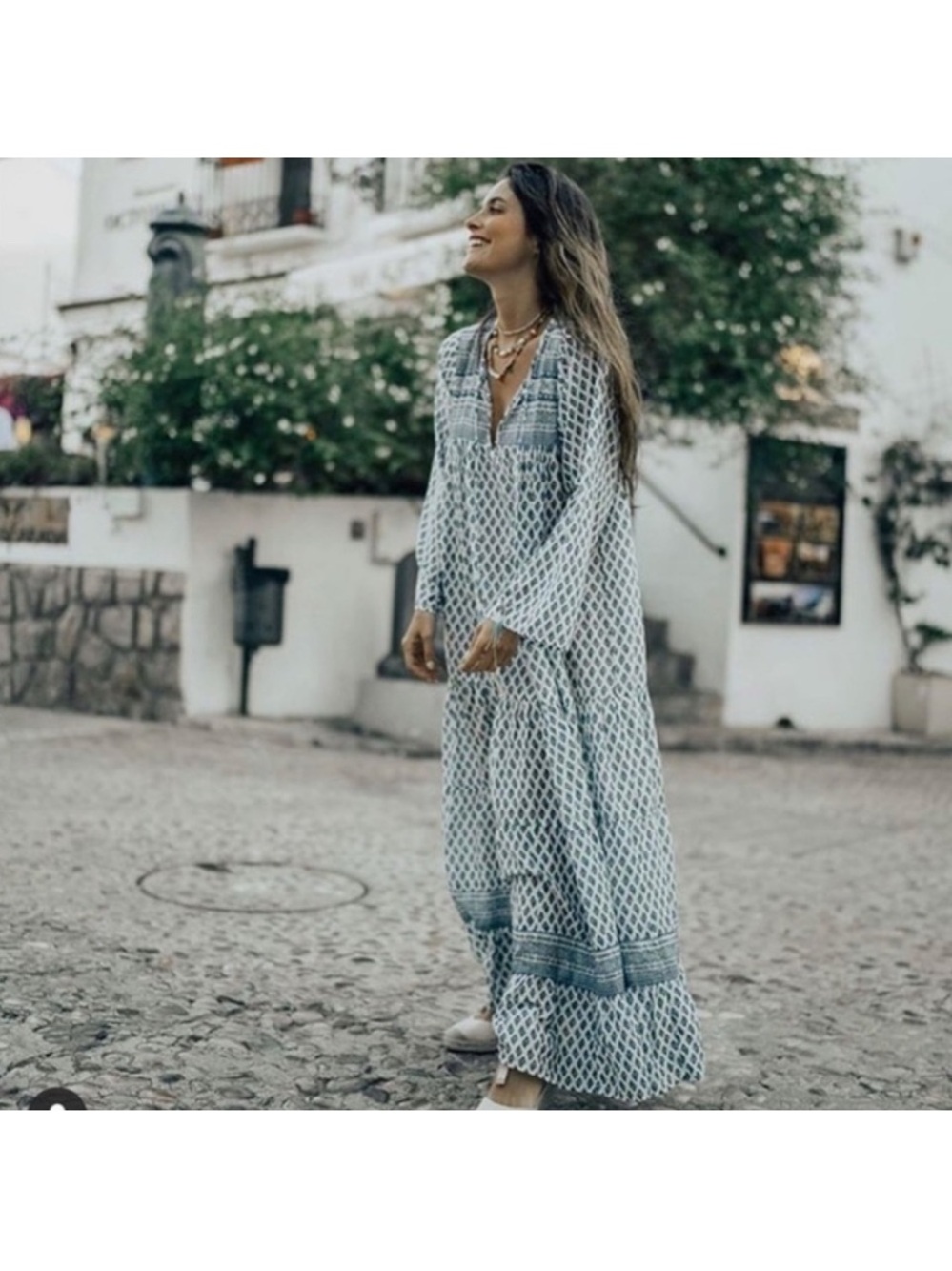ZARA  Blue Paisley Print Drawstring Maxi Kaftan Dress coastal summer blog fav